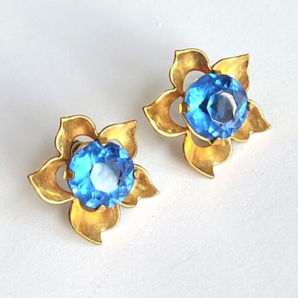 Vintage Gold Filled Sterling Silver Blue Crystal Flower Screw Back Stud Earrings - Picture 1 of 9